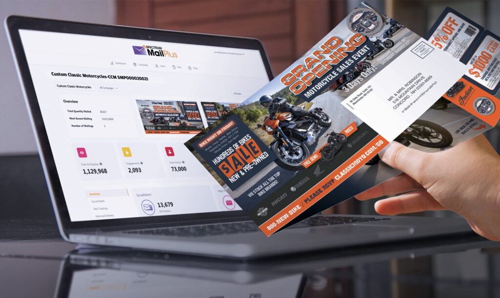tracking direct mail marketing campaign performance with Spectrum Mail Plus online dashboard with direct mail example in hand