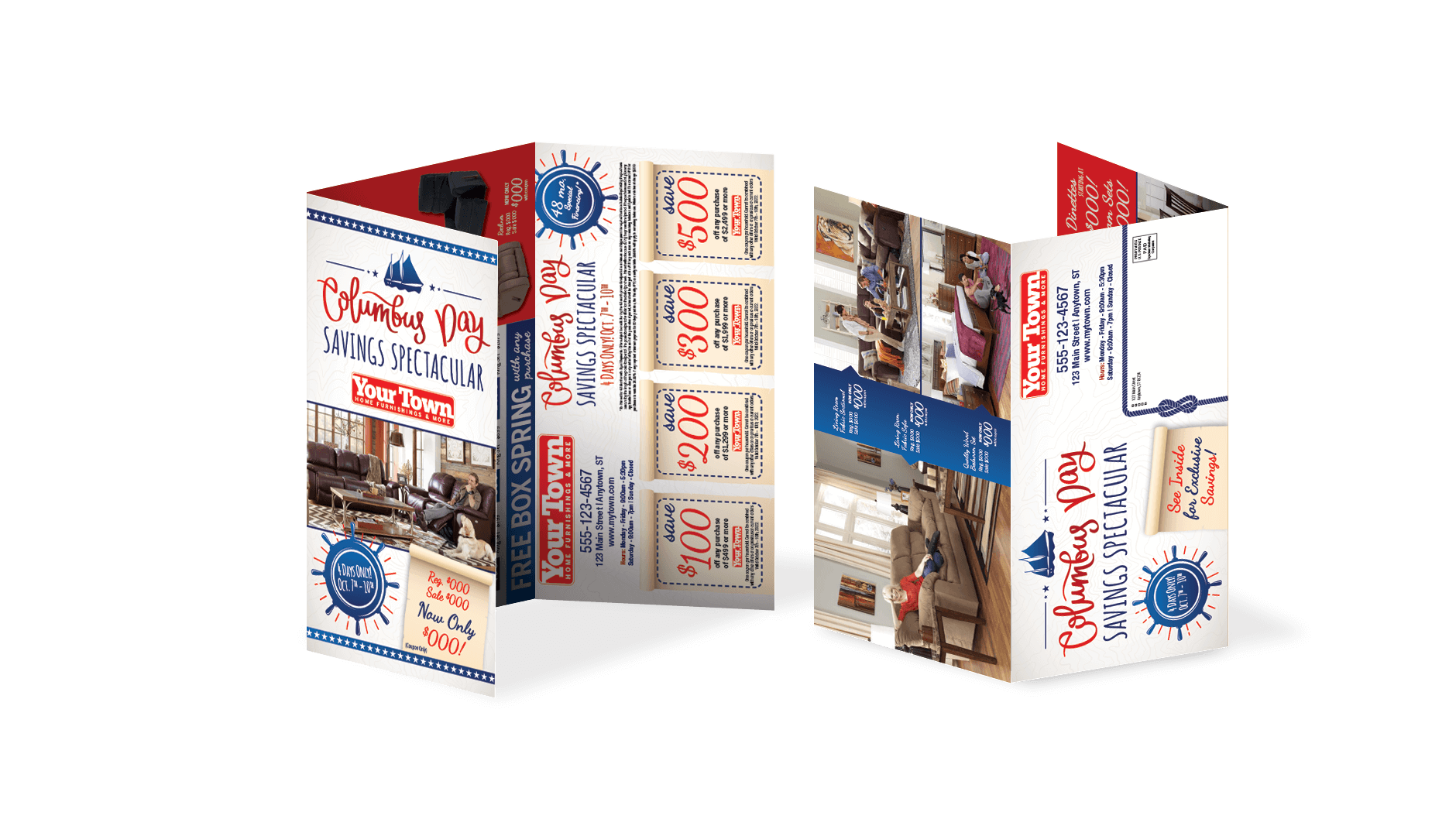 Columbus Day Tri-Fold direct mailer design for SMC Furniture