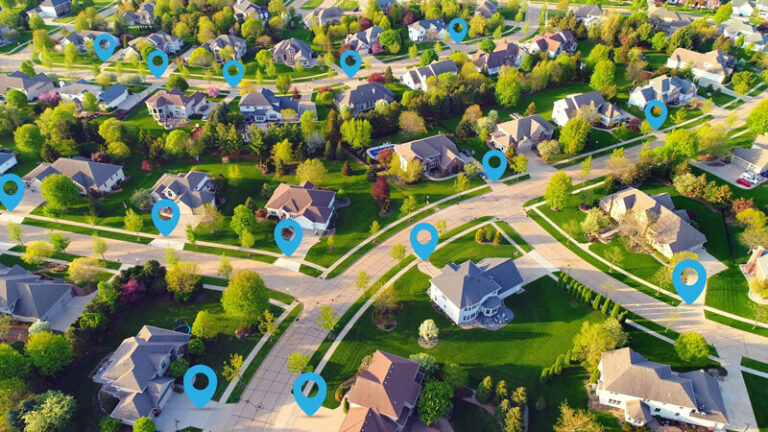 Aerial view of data targeted direct mail delivery to homes in neighborhood
