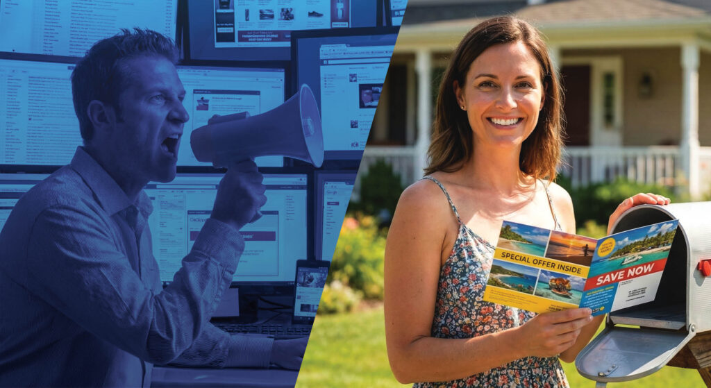 man yelling about digital noise / woman smiling with mailer