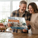 couple holding direct mailer from furniture company