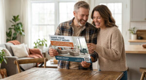 couple holding direct mailer from furniture company