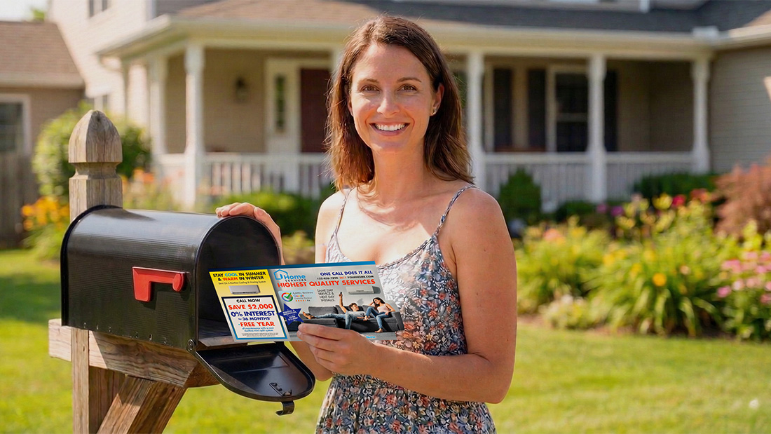 woman at mailbox holding mailer