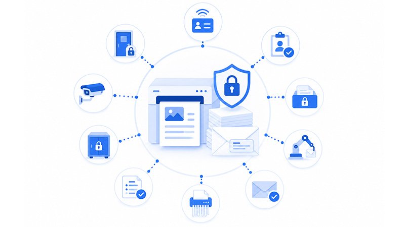 icons displaying secure design, print, and mail workflows