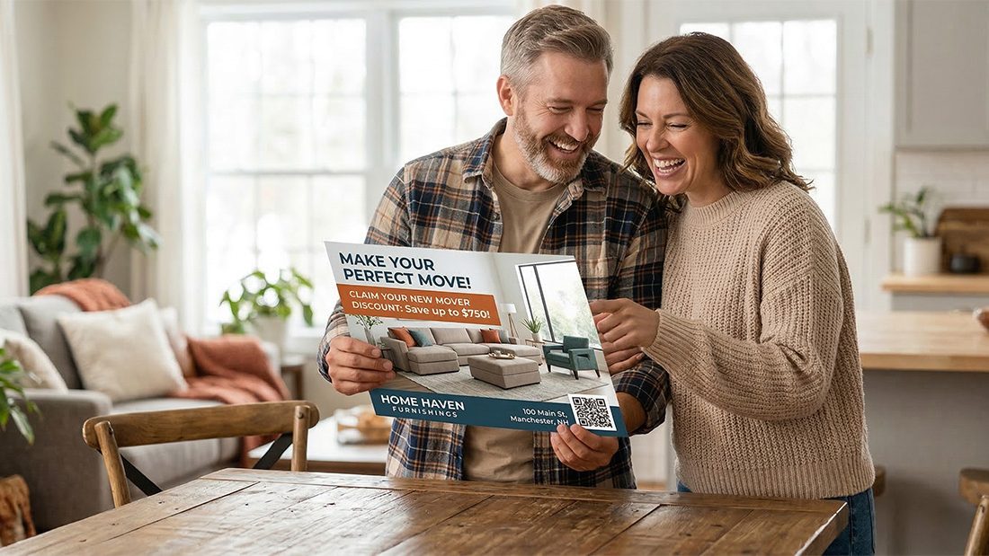 couple holding direct mailer from furniture company